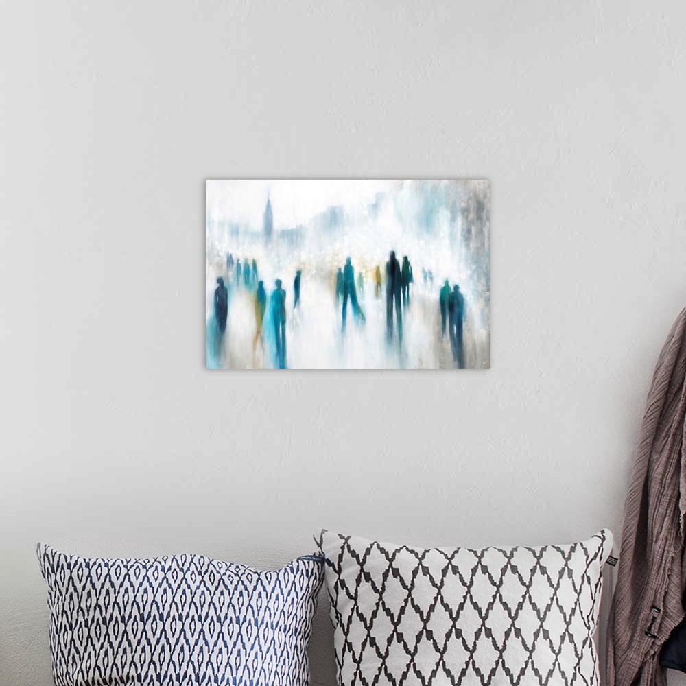 A bohemian room featuring Contemporary abstract painting of elongated, silhouetted figures with cityscape in background.