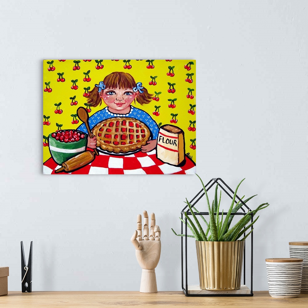 A bohemian room featuring Little girl proudly showing the pie she just baked.