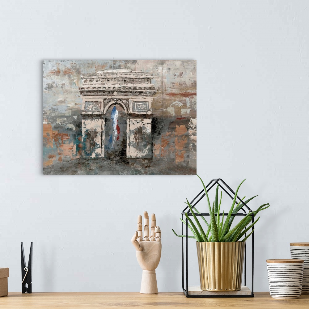 A bohemian room featuring Contemporary painting of the Arc de Triomphe in Paris, in subdue tones, with a distressed appeara...