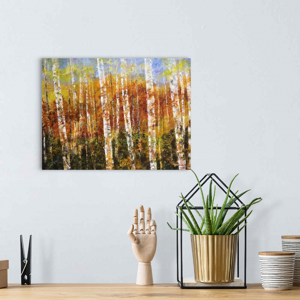 A bohemian room featuring Contemporary painting of a forest of aspen trees surrounded by autumn colors.
