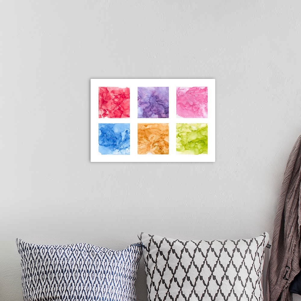 A bohemian room featuring A decorative design of multi-colored squares in bright watercolors on a white background.