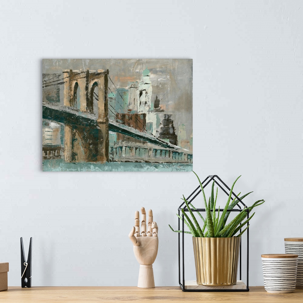 A bohemian room featuring Contemporary painting of the Brooklyn Bridge in muted tones of brown and teal.