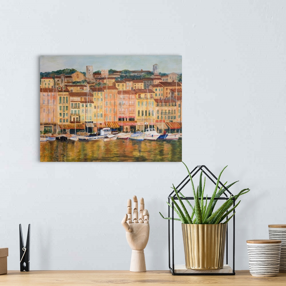 A bohemian room featuring A contemporary painting of the French Riviera (or Cote d'Azur), a Mediterranean coast of southeas...
