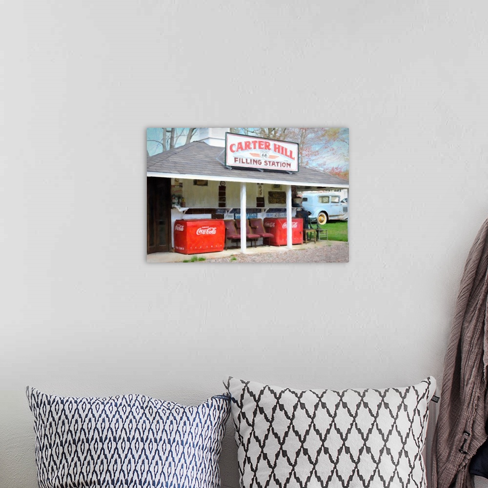 A bohemian room featuring Image of a vintage gas filling station with an antique car in the background with a textured over...