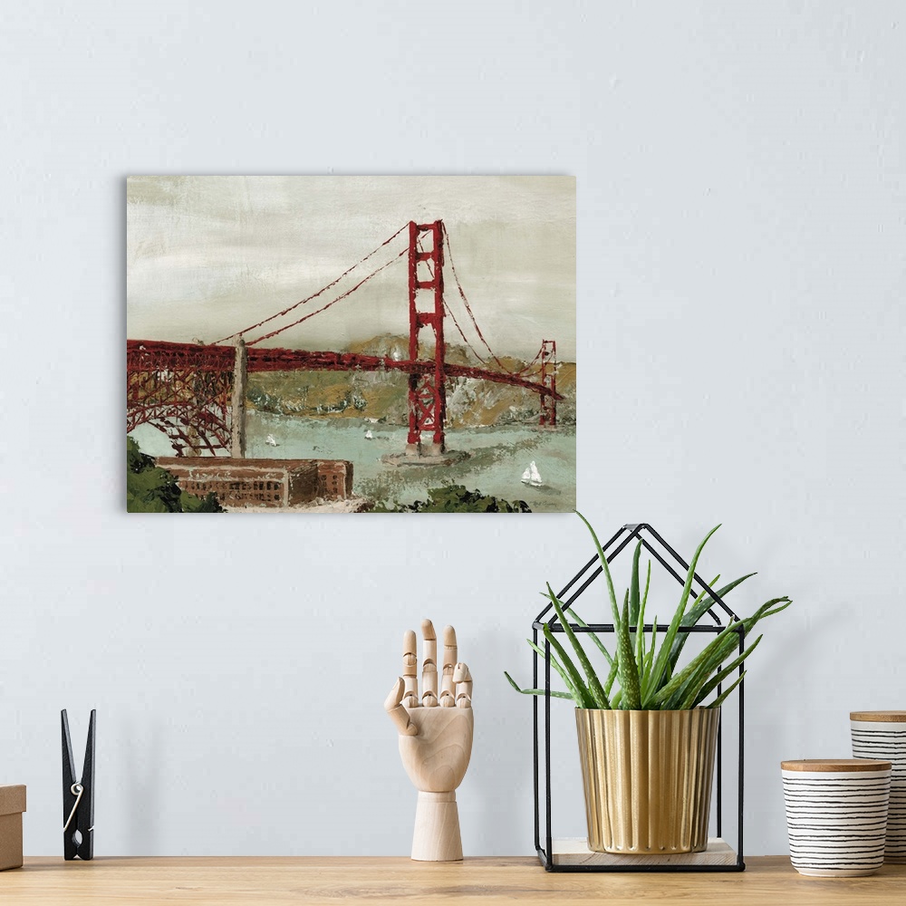 A bohemian room featuring Contemporary painting of the Golden Gate Bridge in textured, subdue tones.