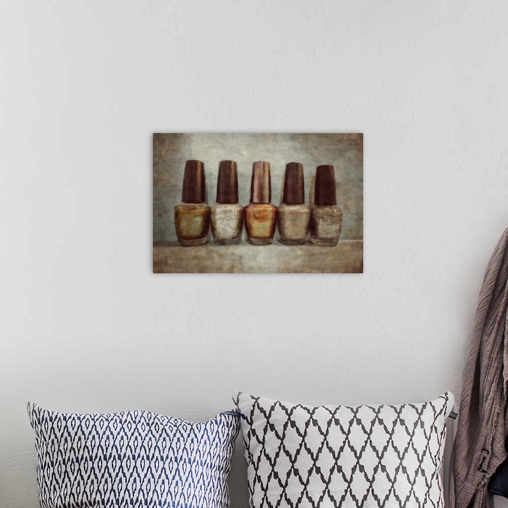 A bohemian room featuring Contemporary painting of a row of metallic colored nail polish bottles on a neutral backdrop.