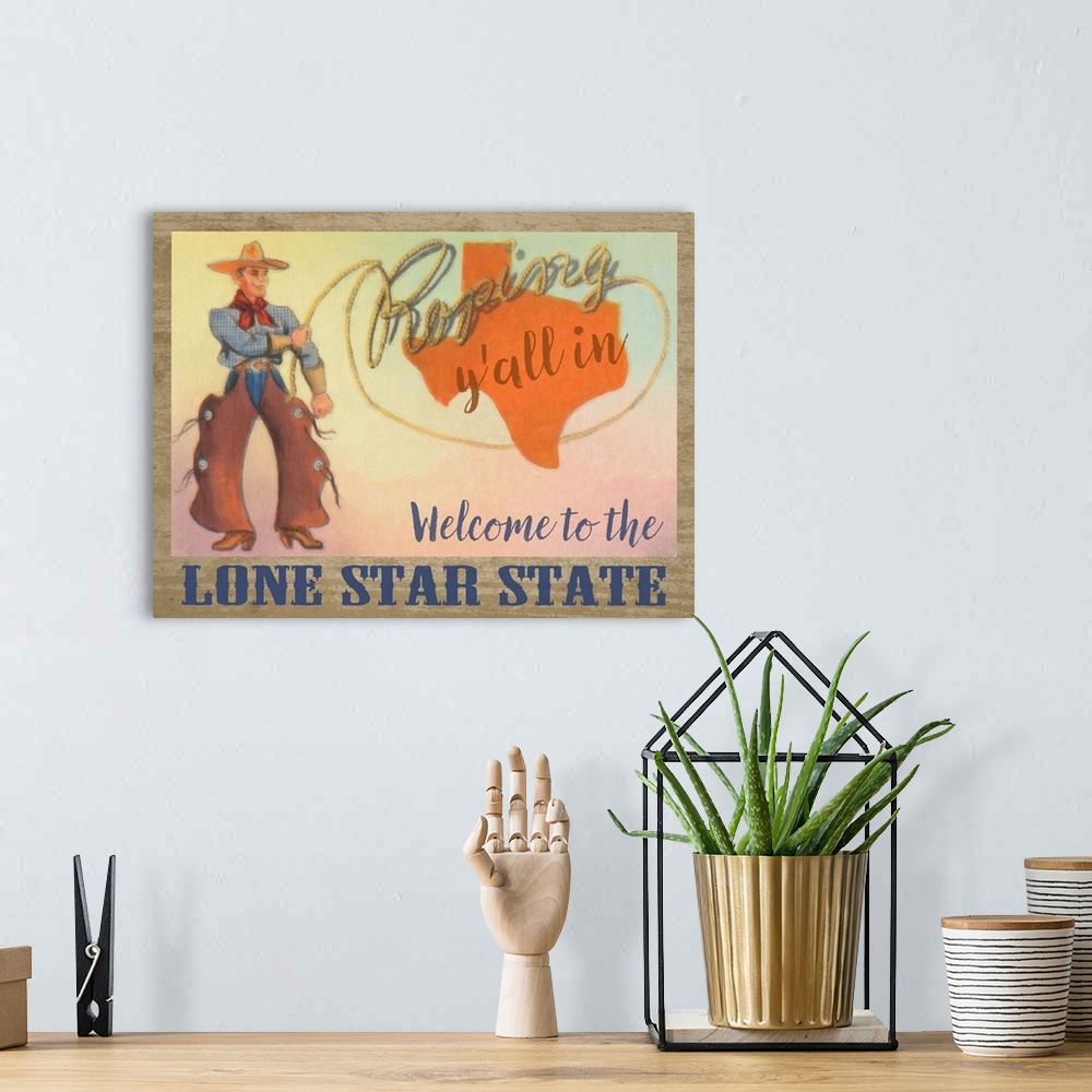 A bohemian room featuring "Roping Y'all in, Welcome To The Lone Star State"