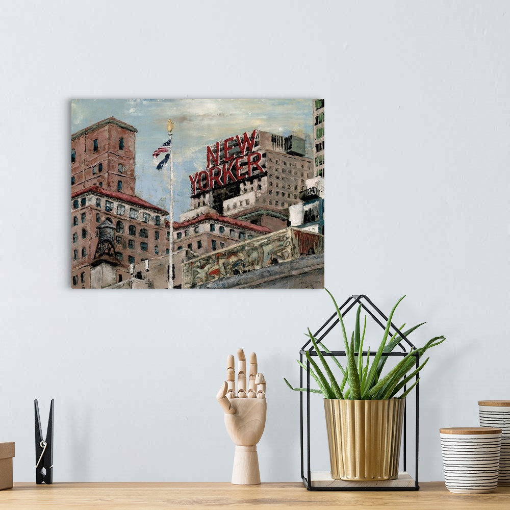 A bohemian room featuring A contemporary painting of a New York street scene of layered skyscrapers and a flag pole.