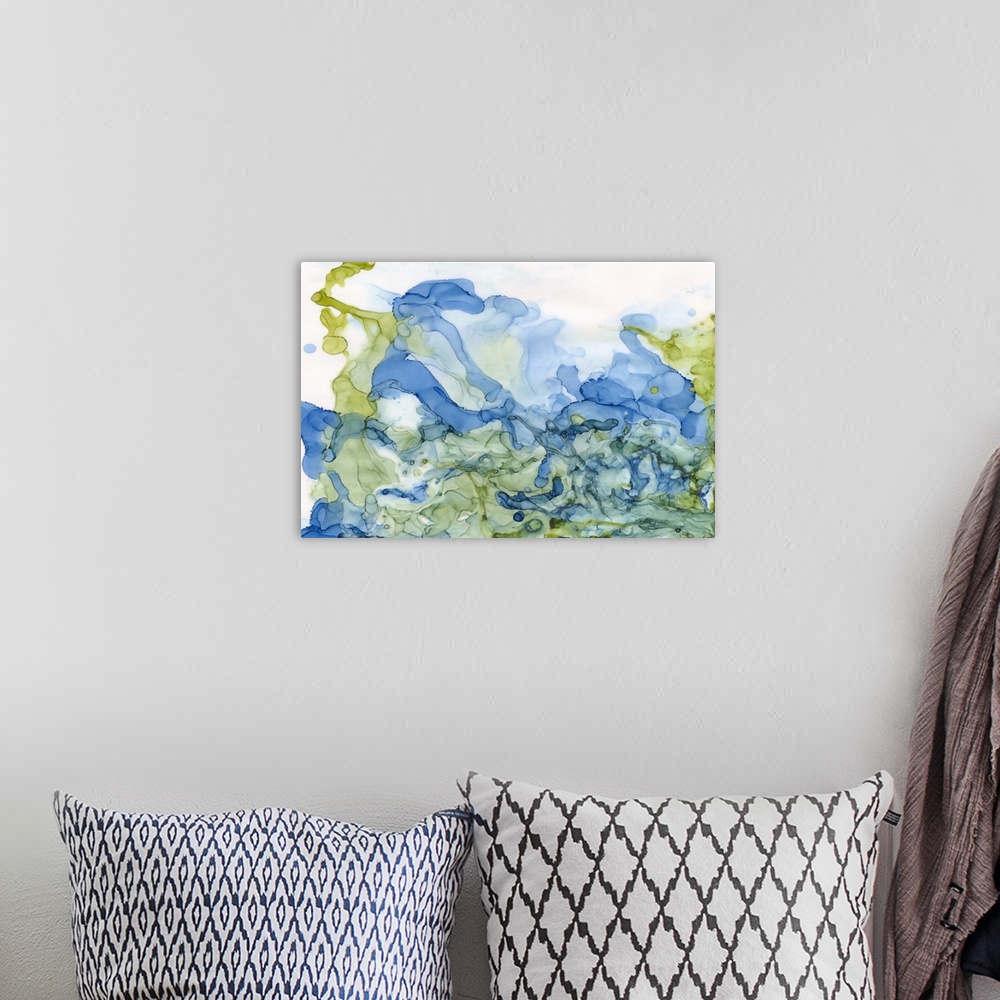 A bohemian room featuring Abstract watercolor painting of swirls of blue and green.
