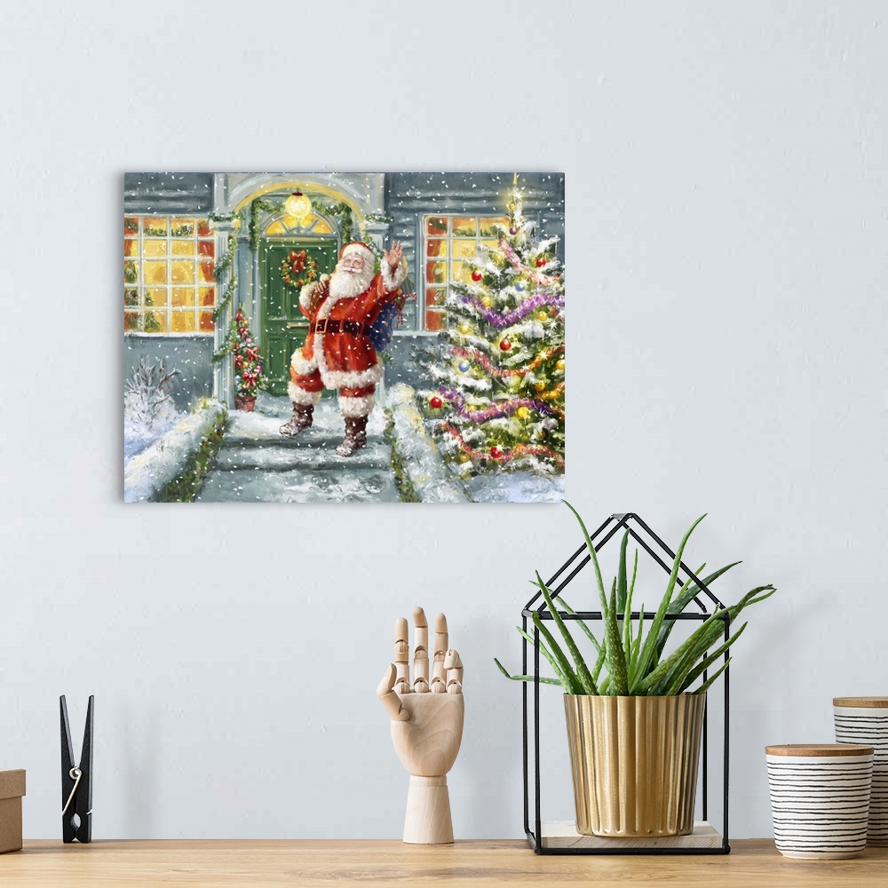 A bohemian room featuring A traditional image of Santa waving at the front door of a house decorated for the holidays while...