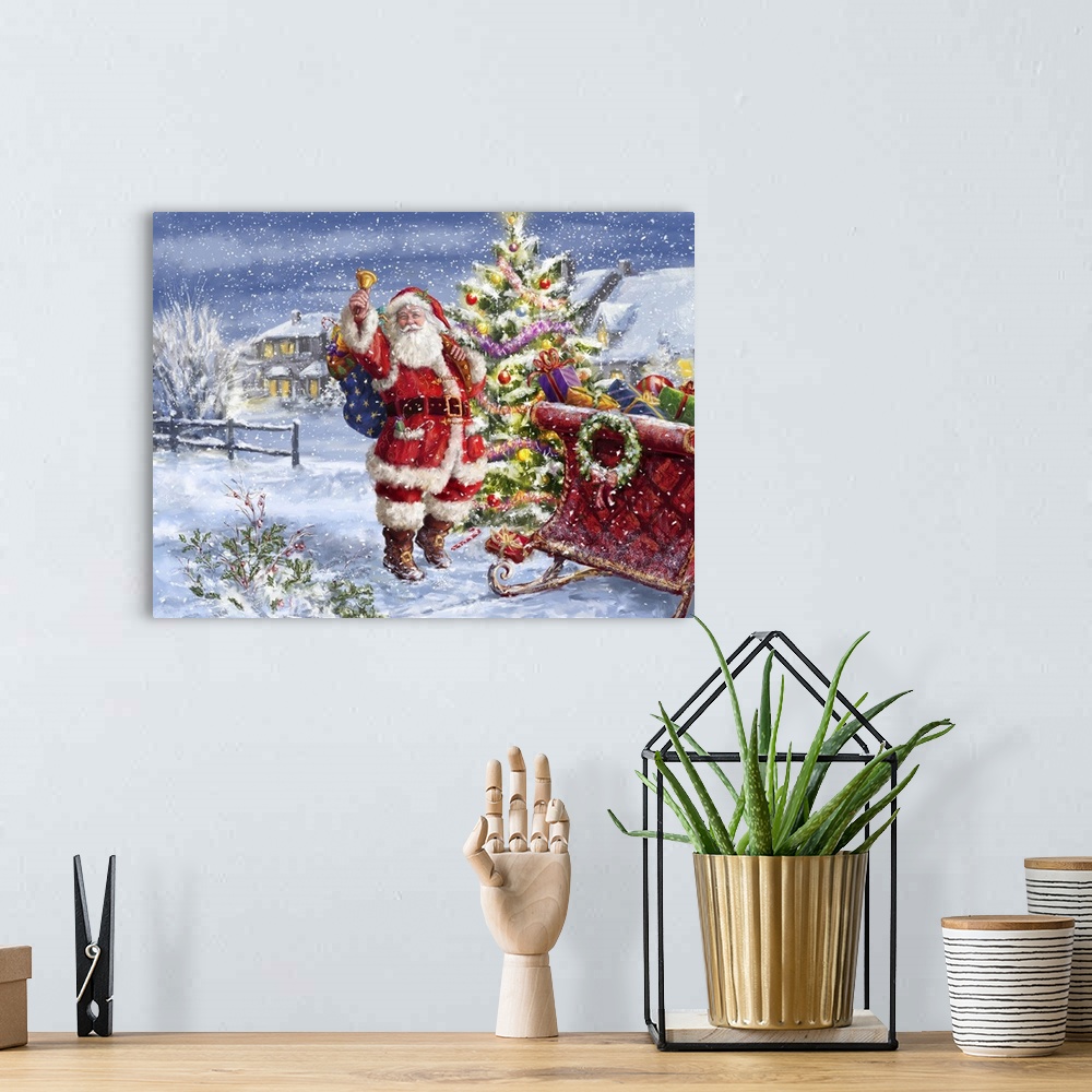 A bohemian room featuring A traditional image of Santa, ringing a bell, beside his sleigh in a neighborhood while snow is f...