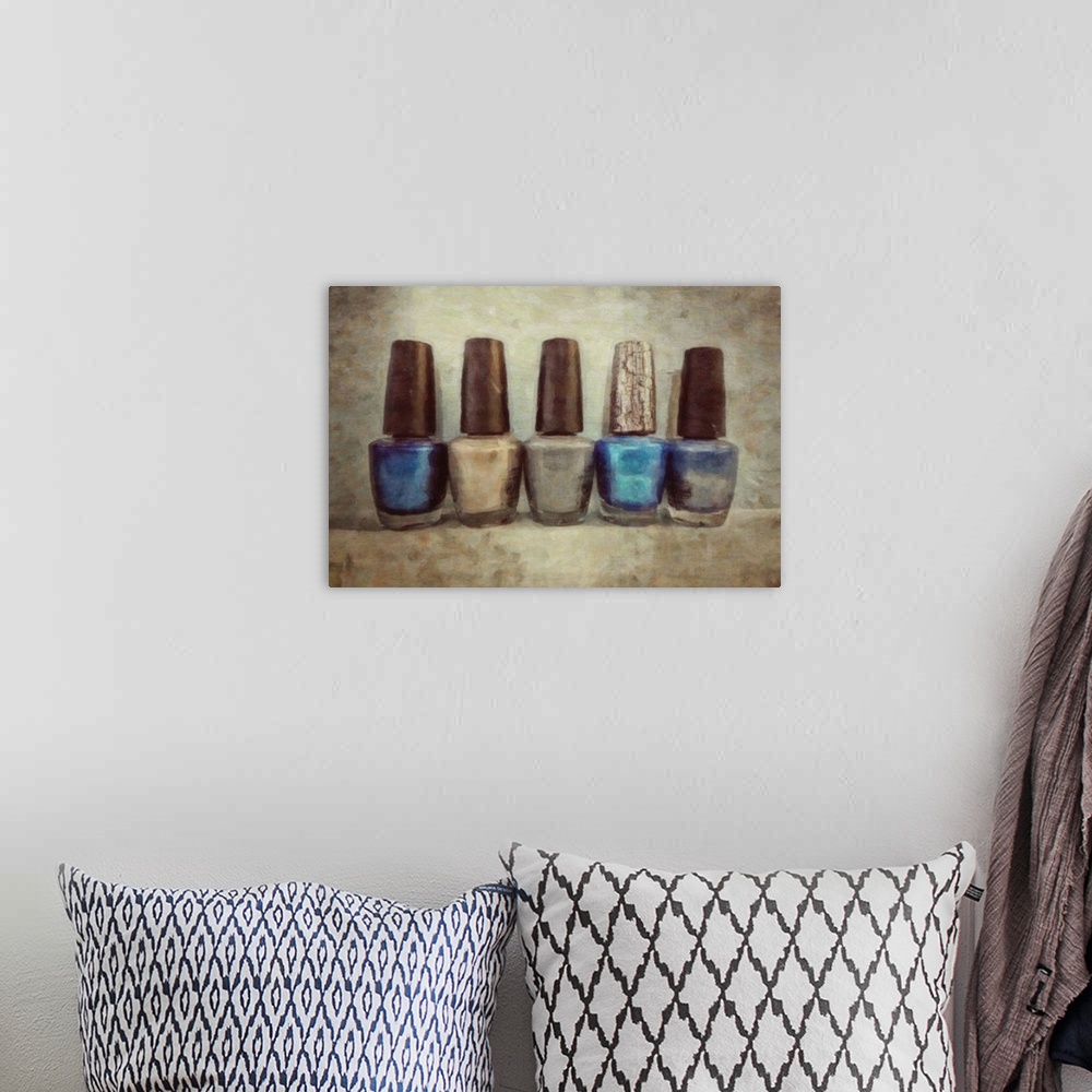 A bohemian room featuring Contemporary painting of a row of blue nail polish bottles on a neutral backdrop.