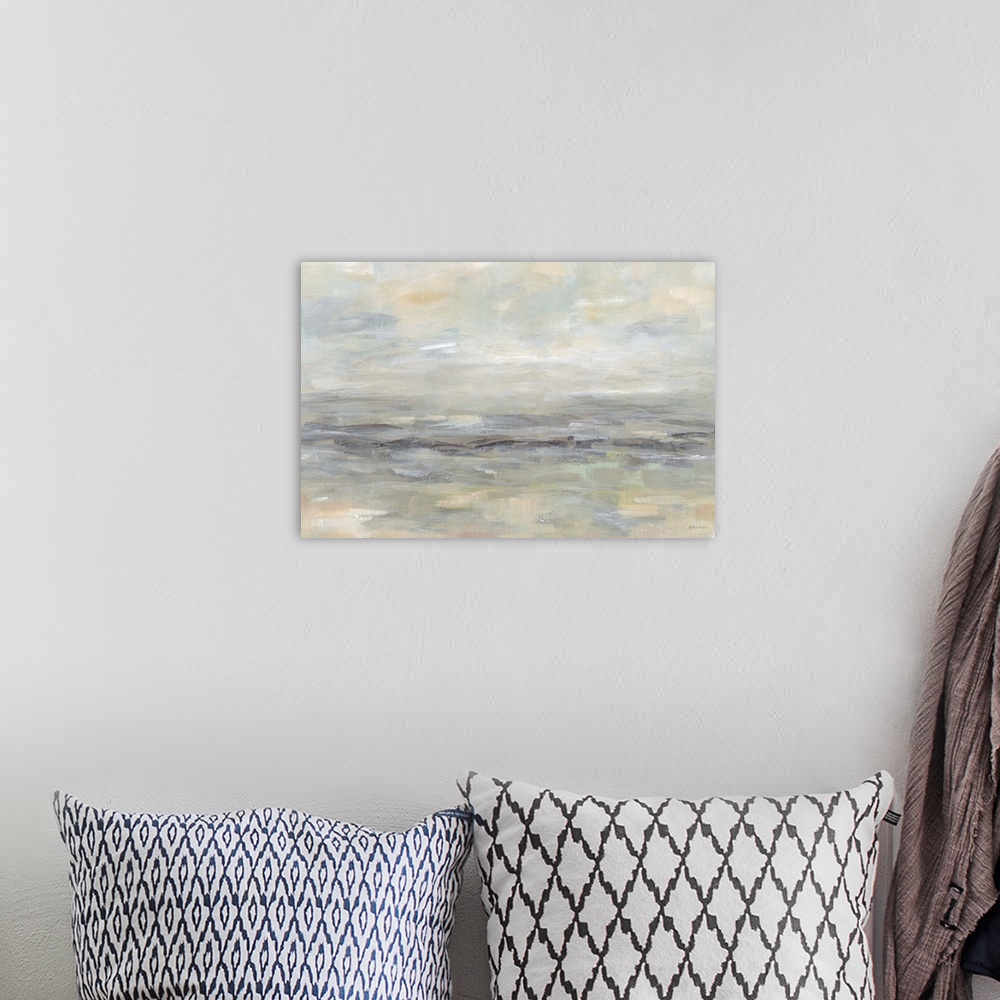 A bohemian room featuring A contemporary landscape painting in abstract horizontal brush strokes in muted tones.