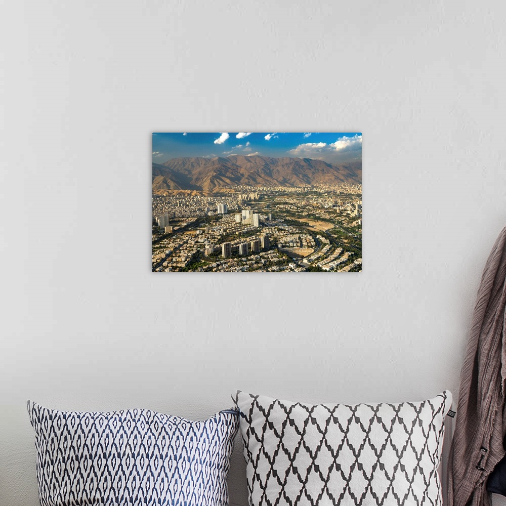 A bohemian room featuring Aerial view of Tehran facing North towards the Alborz Mountains, Tehran, Iran, Middle East