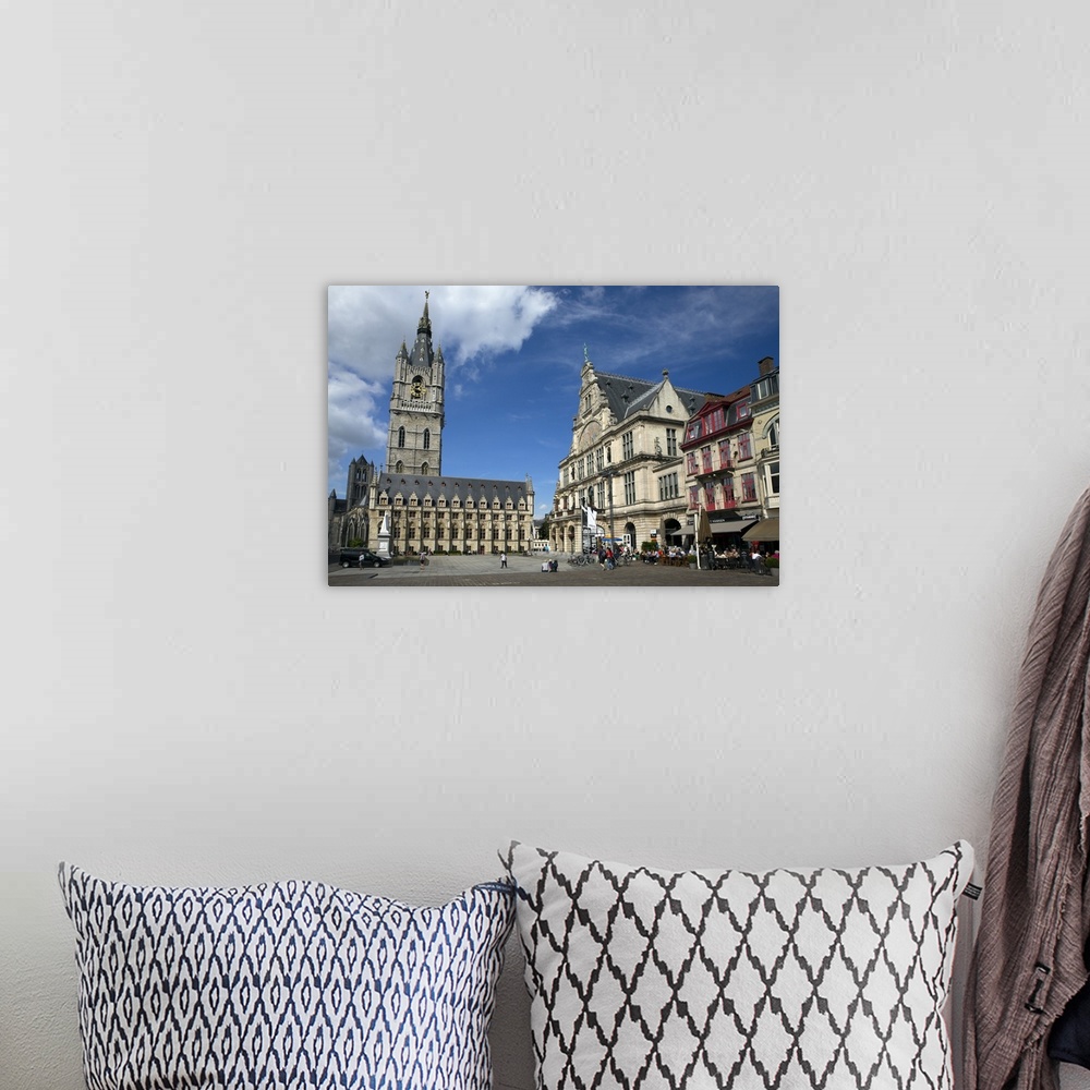 A bohemian room featuring Belfry Tower in Saint Bavo's square, city centre, Ghent, West Flanders, Belgium, Europe