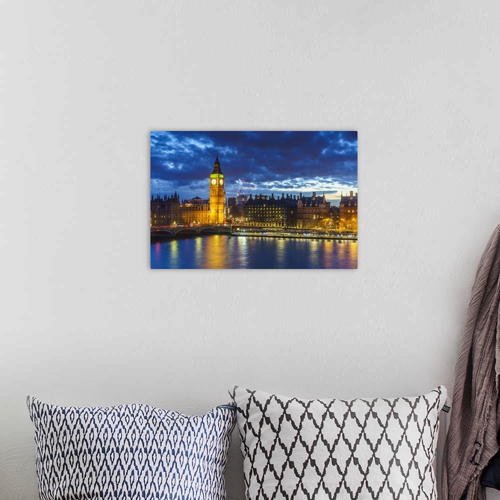 A bohemian room featuring Big Ben and Westminster Bridge at dusk, London, England