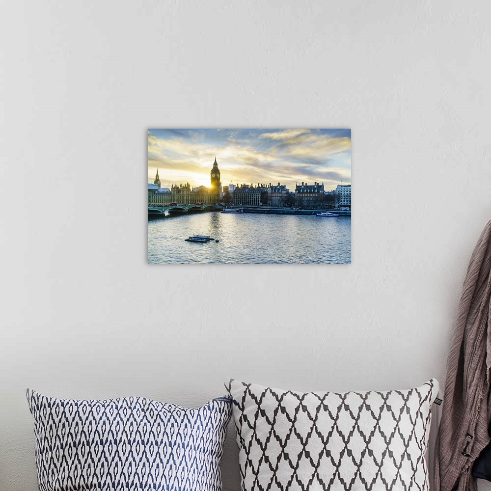 A bohemian room featuring Big Ben and Westminster Bridge at sunset, London, England