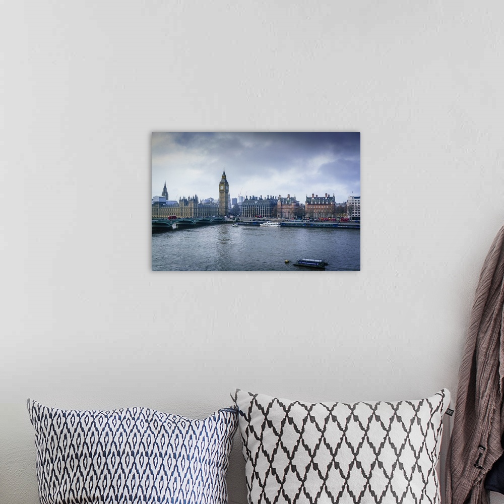 A bohemian room featuring Big Ben and Westminster Bridge on a winter's morning, London, England