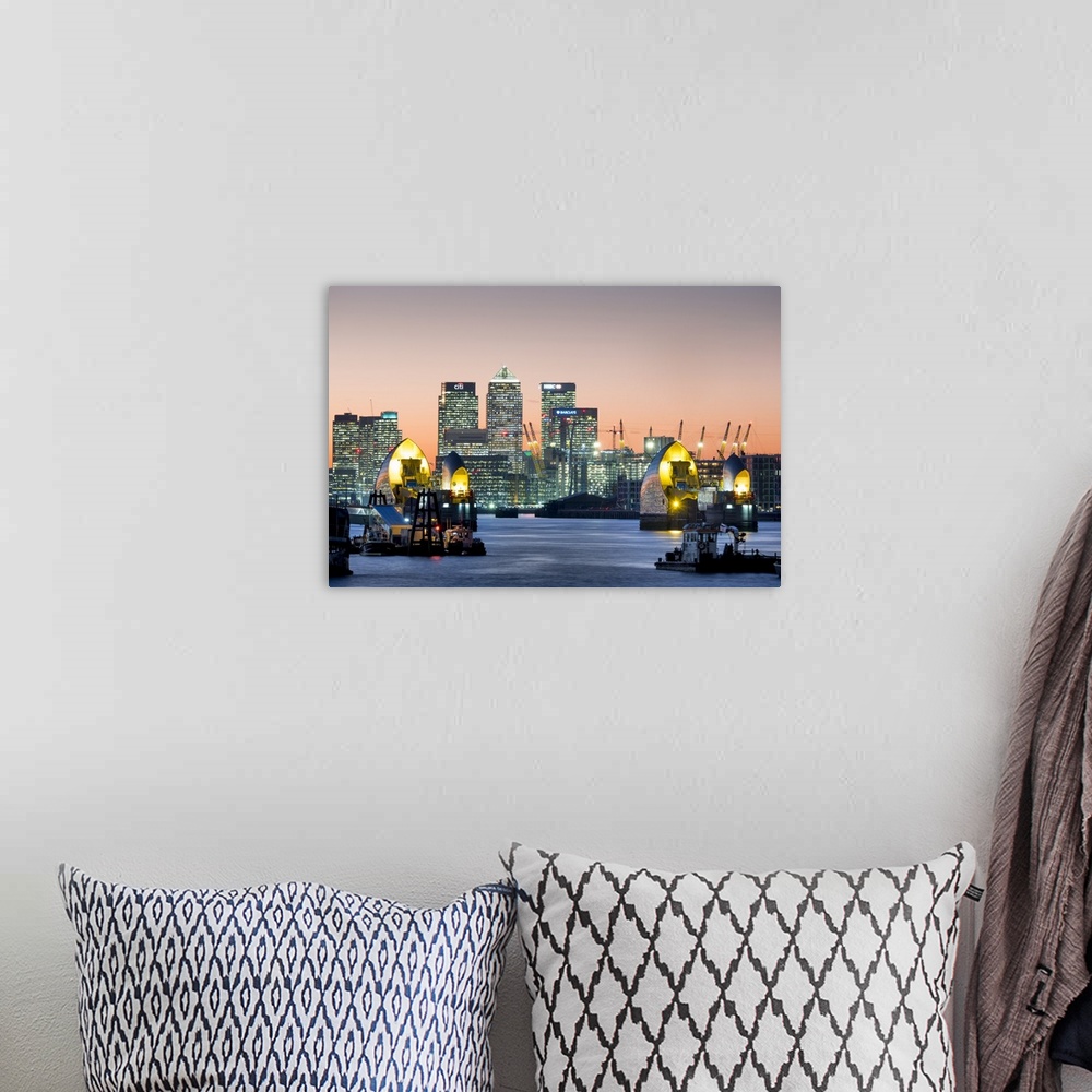 A bohemian room featuring Canary Wharf with Thames Barrier, London, England