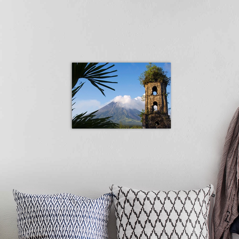 A bohemian room featuring Church belfry ruins and Mount Mayon, Luzon Island, Philippines