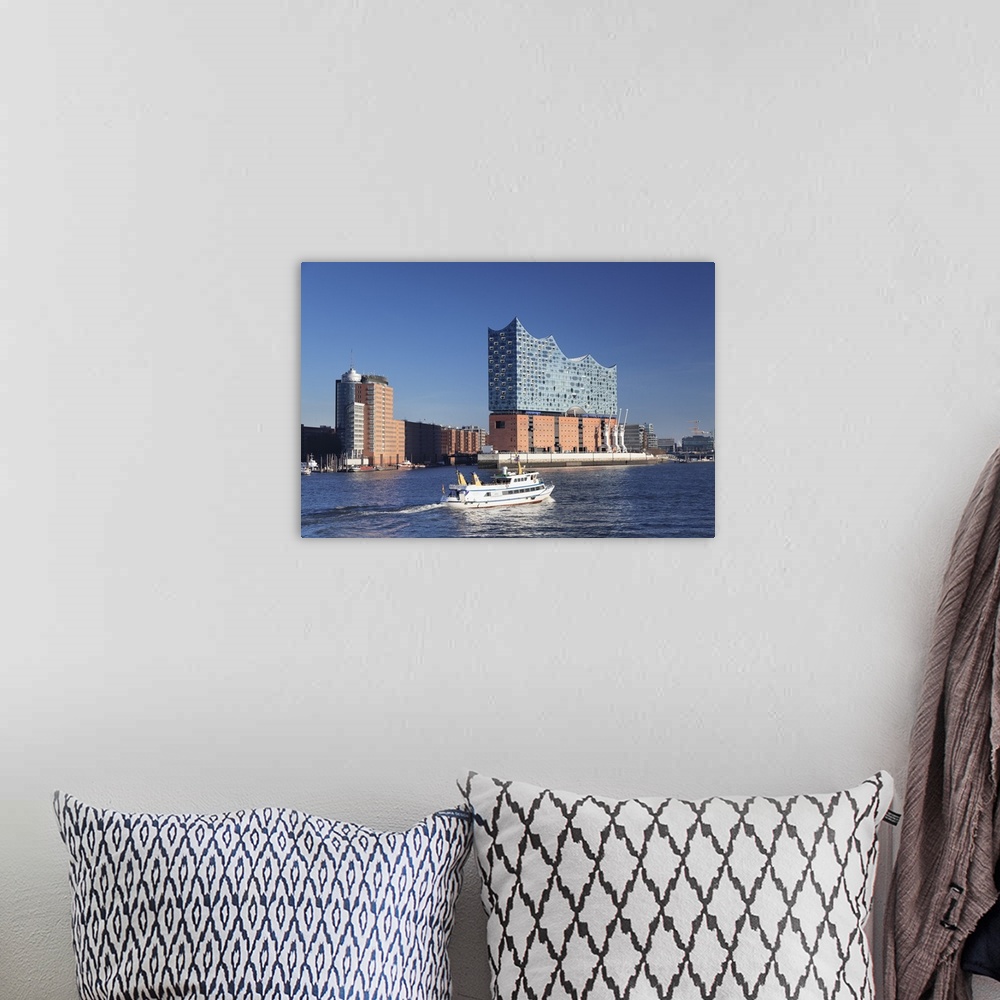 A bohemian room featuring Excursion boat on Elbe River, Elbphilharmonie, HafenCity, Hamburg, Hanseatic City, Germany