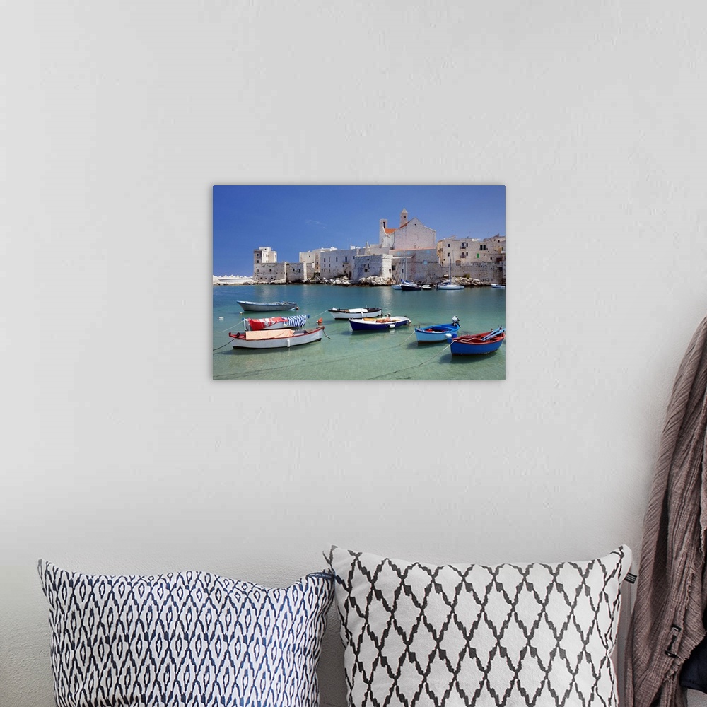 A bohemian room featuring Fishing boats at the harbour, old town with cathedral, Giovinazzo, Bari district, Puglia, Italy, ...