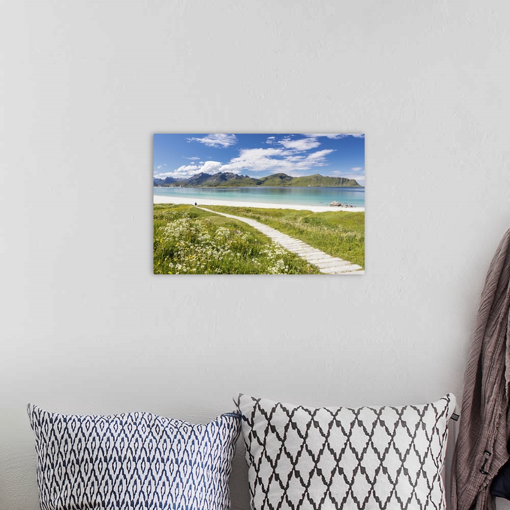 A bohemian room featuring Green meadows and flowers surrounded by turquoise sea and fine sand, Ramberg, Lofoten Islands, No...