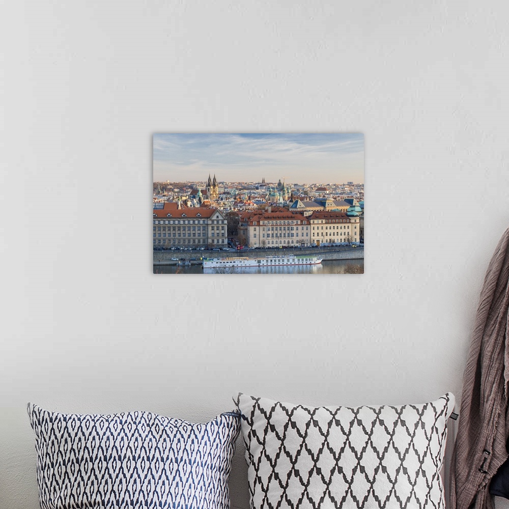 A bohemian room featuring View of the historical buildings of the old town from Vltava River, Prague, Czech Republic