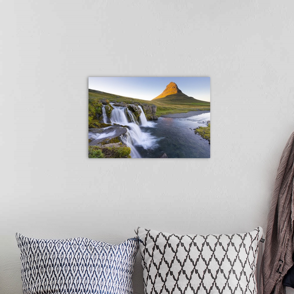 A bohemian room featuring Kirkjufell Mountain and Kirkjufoss Waterfall at sunset, Snaefellsnes Peninsula, Iceland, Polar Re...