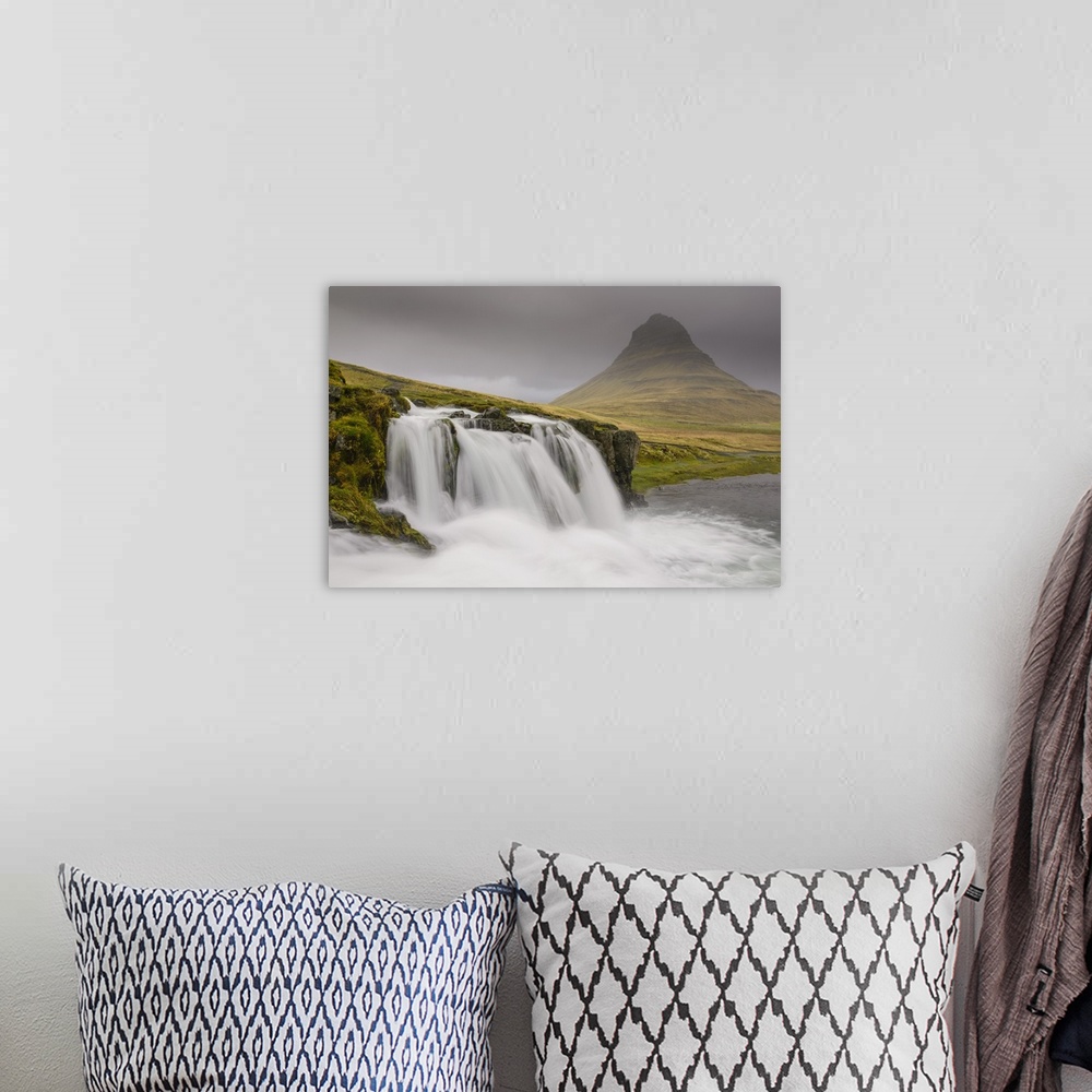 A bohemian room featuring Kirkjufellsfoss on a cloudy day on the Snaefellsness Peninsula, Iceland, Polar Regions