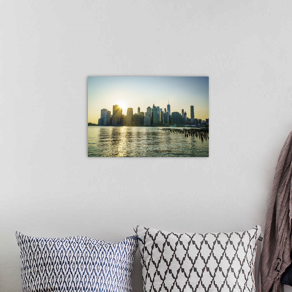 A bohemian room featuring Manhattan skyline at sunset, New York City, United States of America, North America