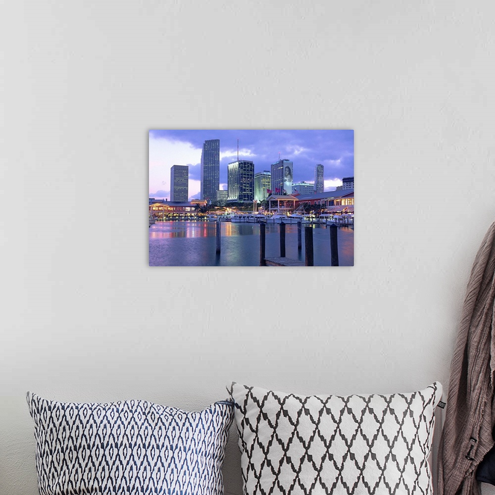 A bohemian room featuring Miami city skyline from Bayside, Miami, Florida, USA