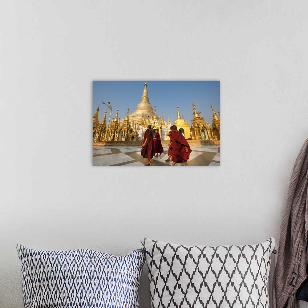 A bohemian room featuring Monks walk around Shwedagon Pagoda, Yangon, Myanmar