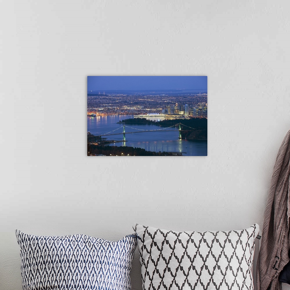 A bohemian room featuring Night view of city skyline and Lions Gate Bridge, Vancouver, Canada