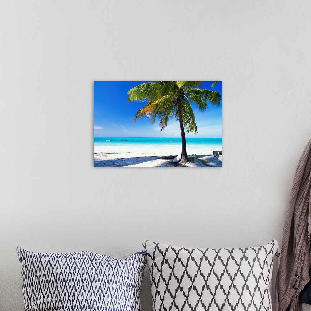 A bohemian room featuring Palm tree, white sandy beach and Indian Ocean, island of Zanzibar, Tanzania, Africa