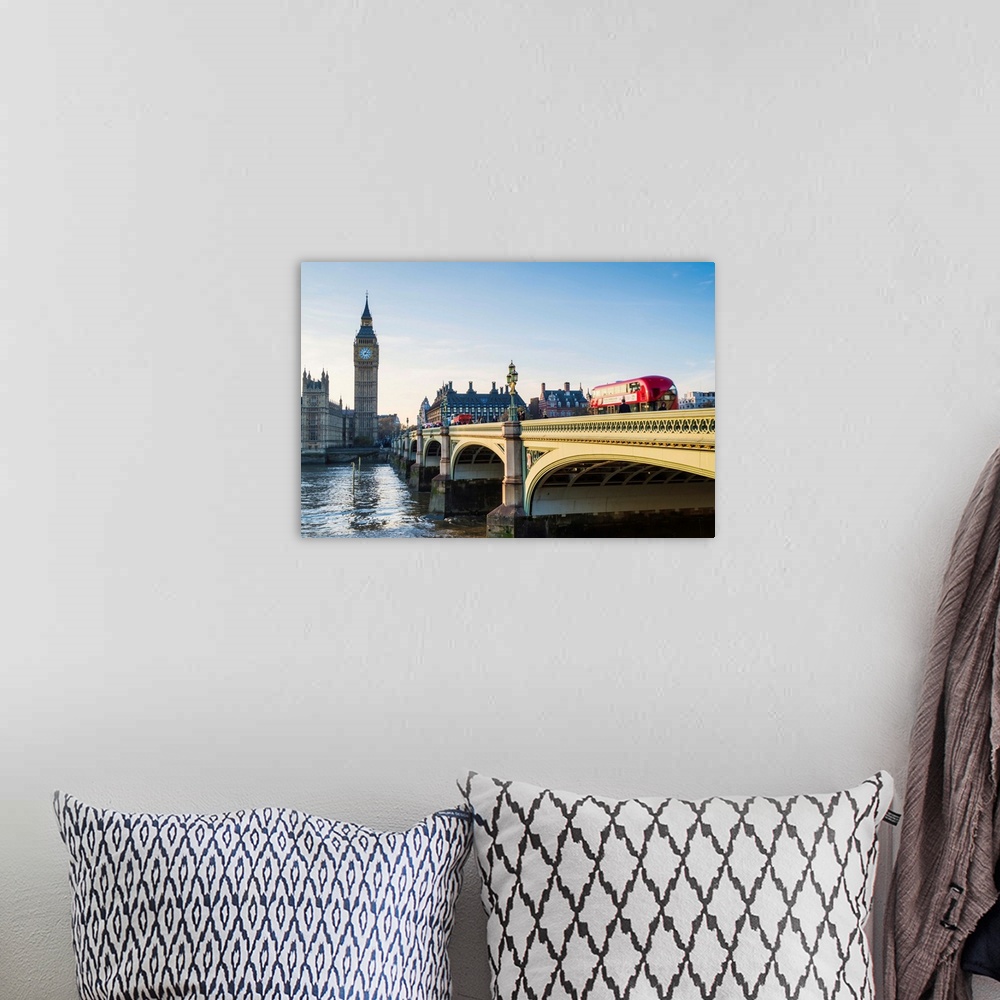 A bohemian room featuring Red bus crossing Westminster Bridge towards Big Ben and the Houses of Parliament, London, England...