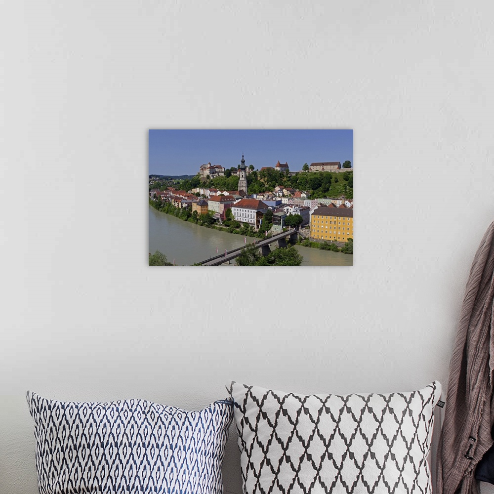 A bohemian room featuring Salzach River and Old Town with Castle, Burghausen, Upper Bavaria, Bavaria, Germany