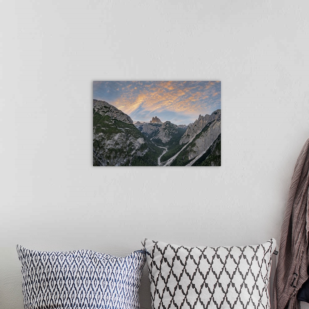 A bohemian room featuring Sunset over Tre Cime di Lavaredo and woods, aerial view, Sesto (Sexten) Dolomites, Bolzano provin...