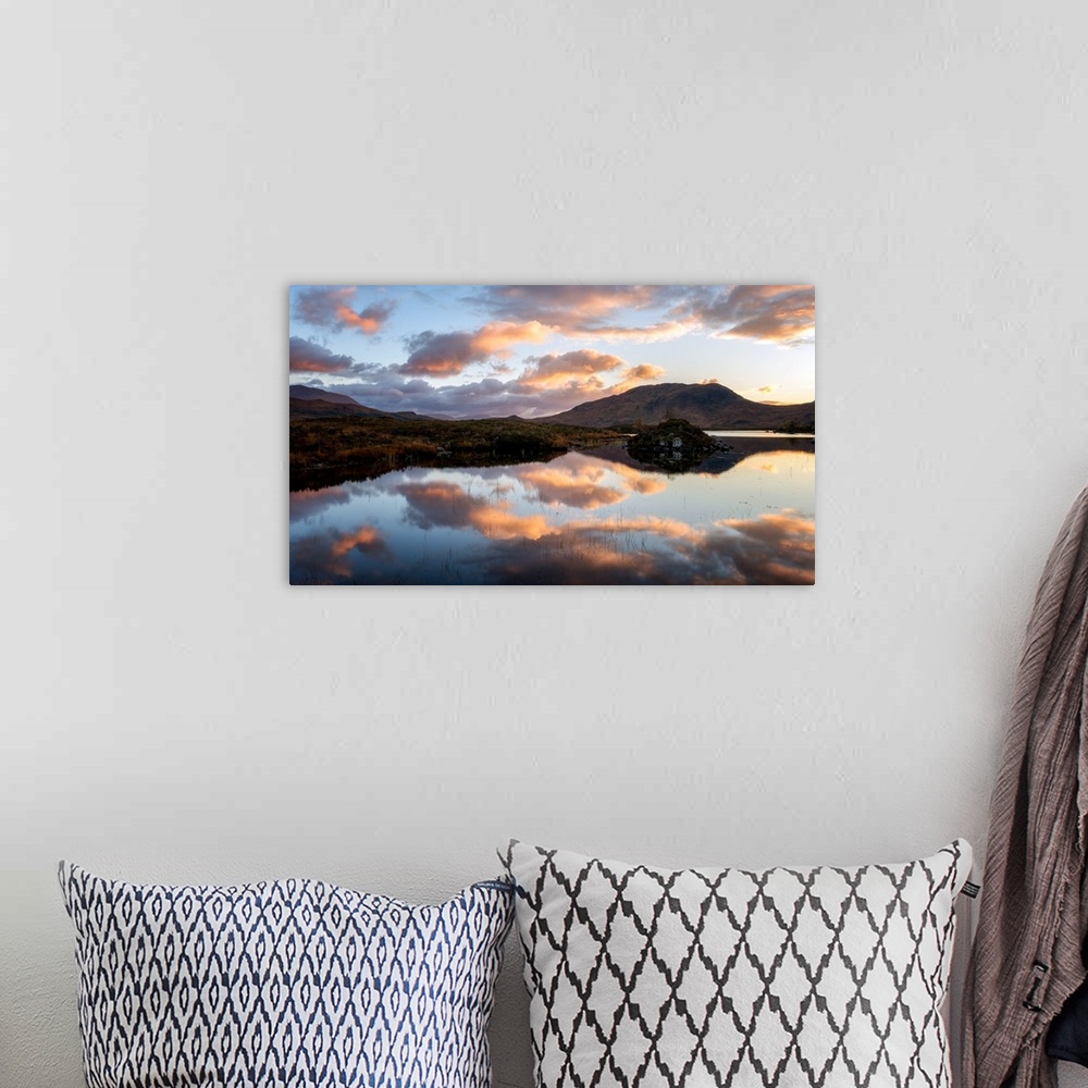 A bohemian room featuring Sunset view across Lochain na h'achlaise at dawn, Rannoch Moor, Highland, Scotland, United Kingdo...