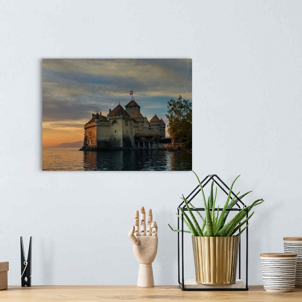 A bohemian room featuring The Castle of Chillon, on Lake Geneva, Montreux, Canton Vaud, Switzerland