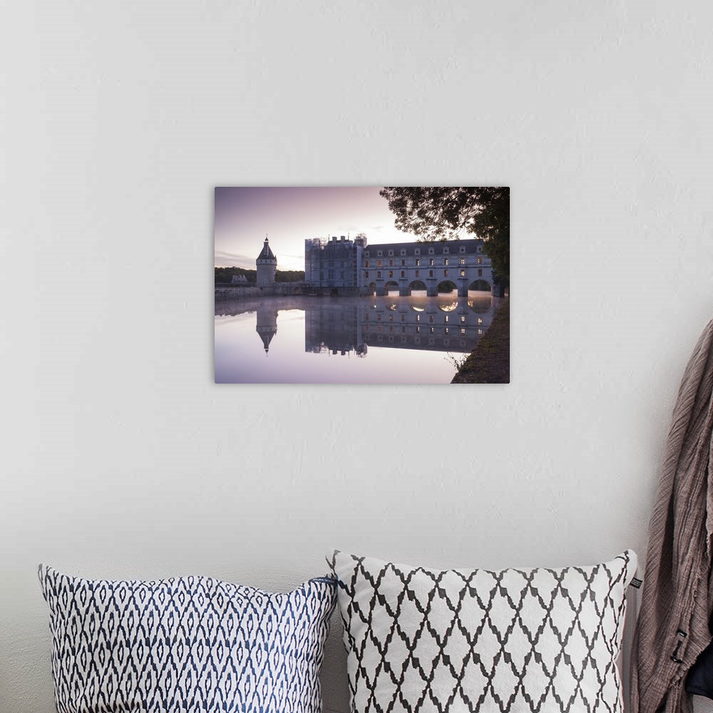A bohemian room featuring The chateau of Chenonceau reflecting in the waters of the River Cher at dawn, Indre-et-Loire, Loi...