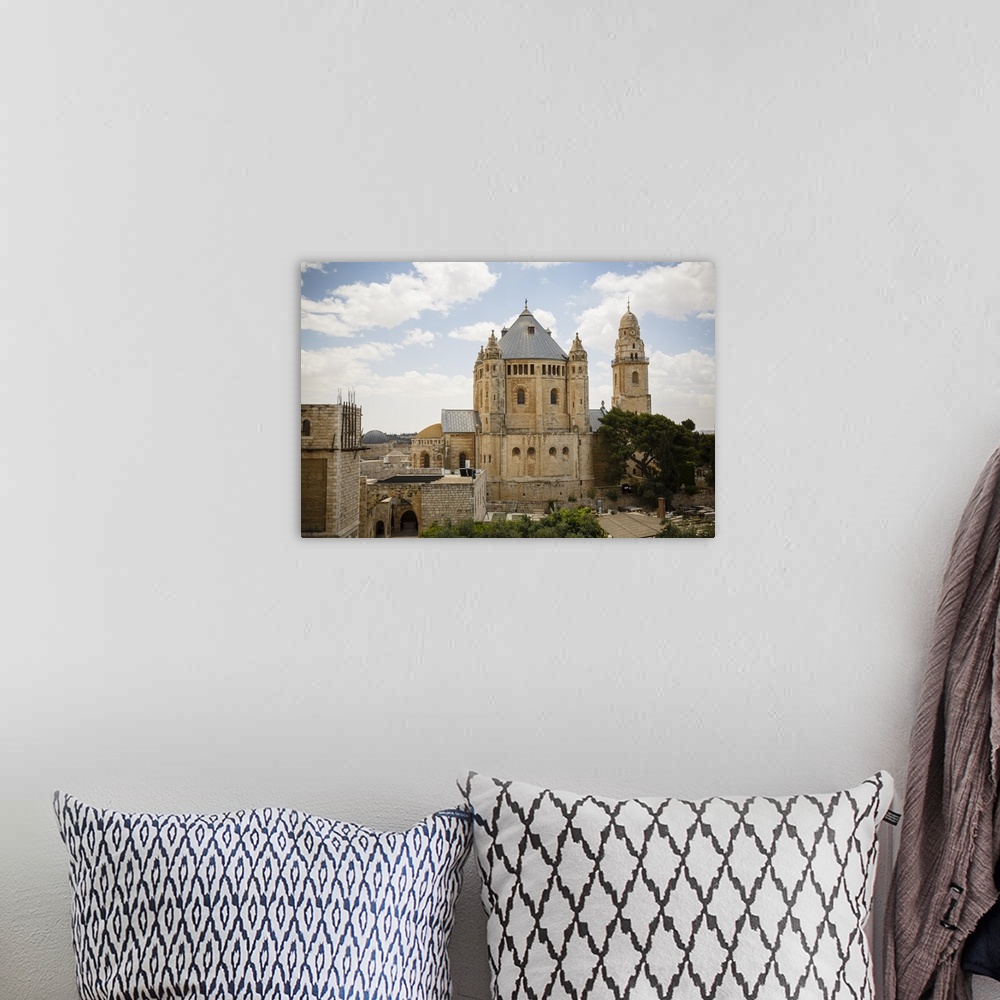A bohemian room featuring The Dormition Church on Mount Zion, Jerusalem, Israel, Middle East.