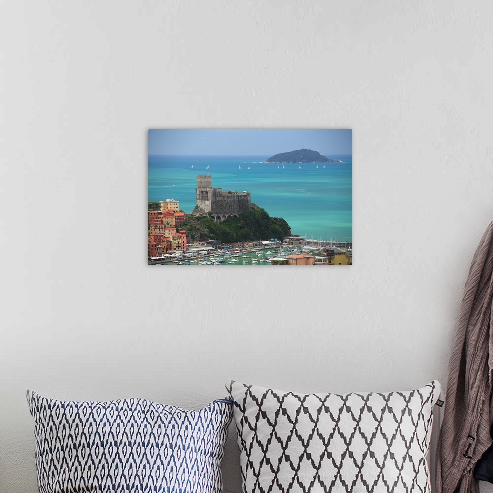 A bohemian room featuring The fortress of Lerici, coast of Liguria, Italy