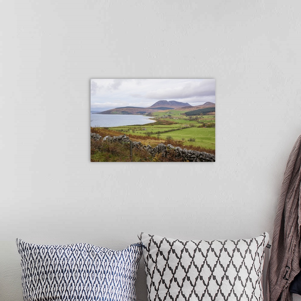 A bohemian room featuring Tormore and Machrie Bay, looking towards Beinn Bharrain, Isle of Arran, North Ayrshire, Scotland,...
