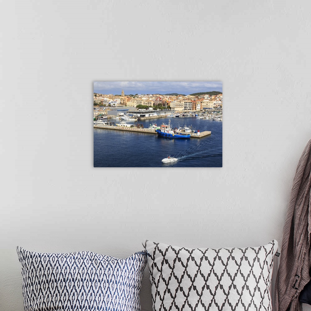 A bohemian room featuring Town centre, fishing boats and pleasure craft, from the sea, Palamos, Costa Brava, Girona, Catalo...