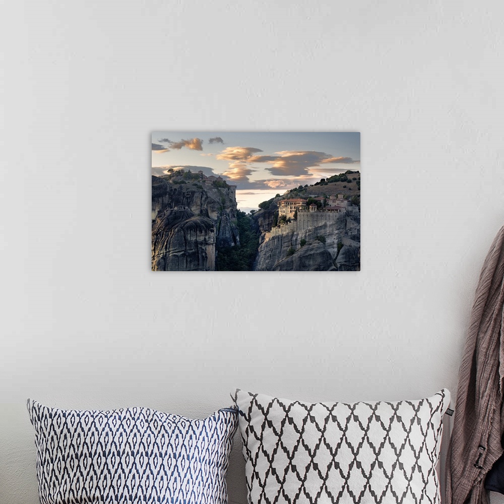 A bohemian room featuring Sunset light on clouds and Varlaam and Megalo Meteoro Monasteries, Meteora, UNESCO World Heritage...