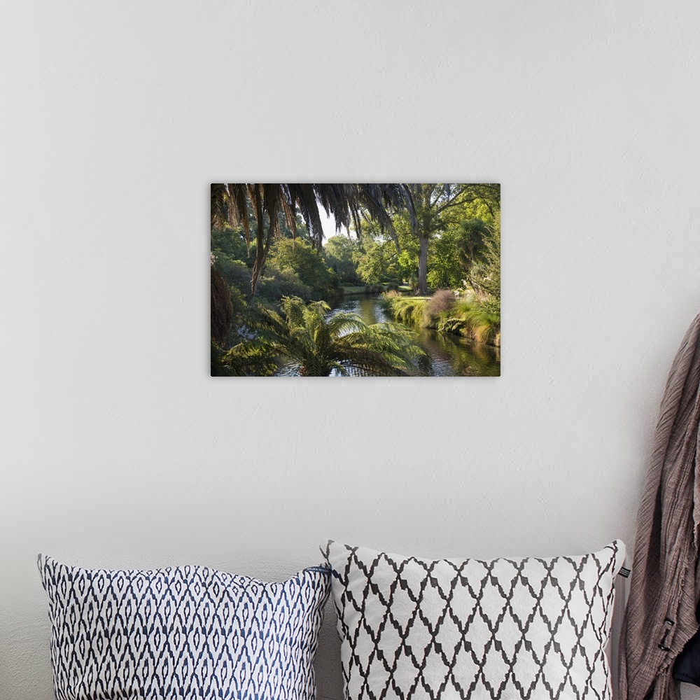 A bohemian room featuring View along the palm-fringed Avon River in Christchurch Botanic Gardens, Christchurch, Canterbury,...