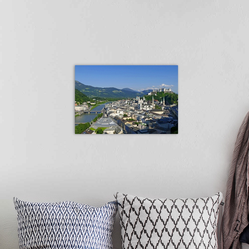 A bohemian room featuring View from Moenchsberg Hill across Salzach River with Cathedral, Collegiate Church and Fortress Ho...