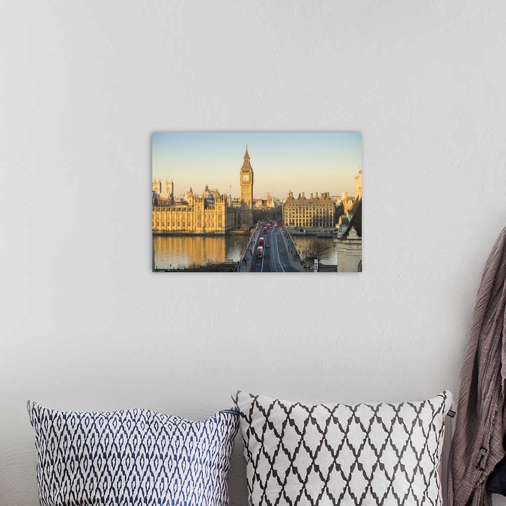 A bohemian room featuring High angle view of Big Ben, the Palace of Westminster, and Westminster Bridge, London, England
