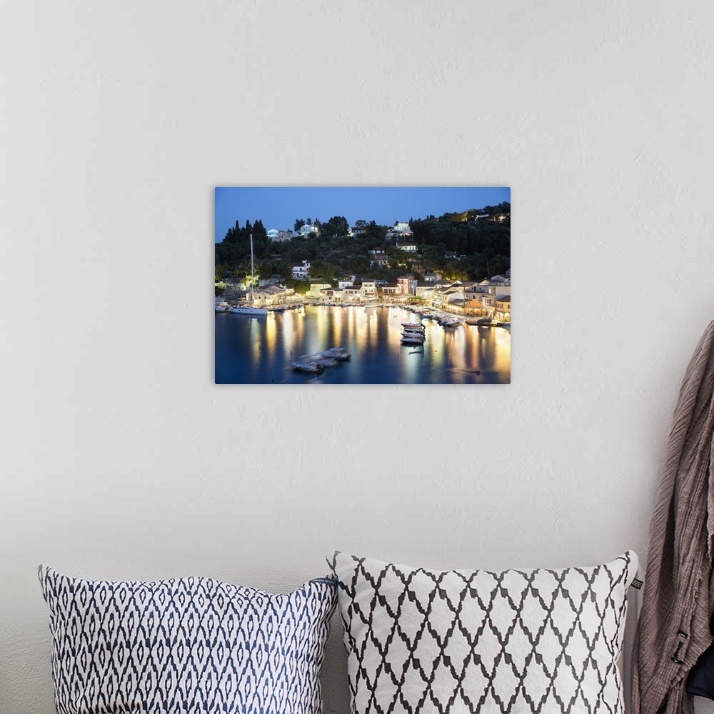 A bohemian room featuring View over harbour at night, Loggos, Paxos, Ionian Islands, Greek Islands, Greece, Europe